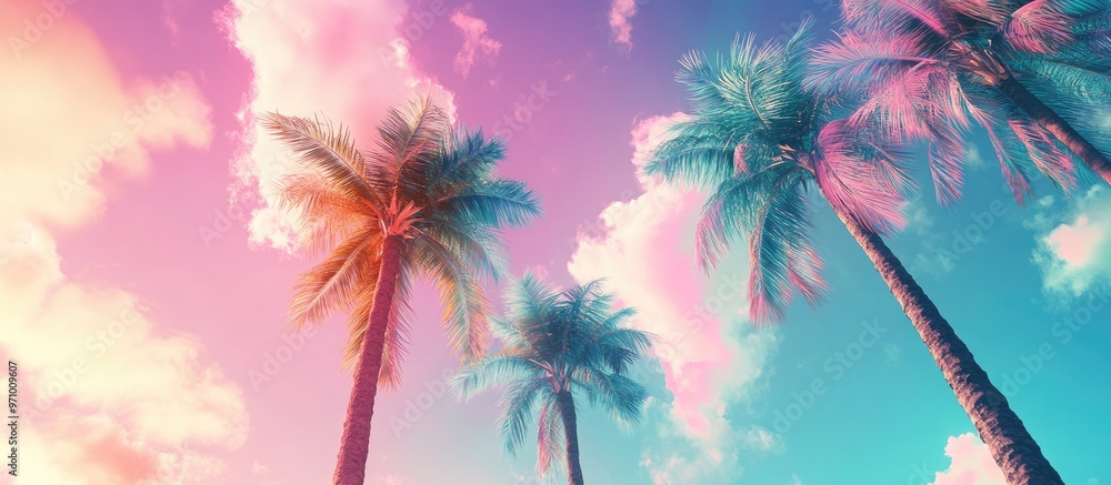 Colorful palm trees set against a surreal sky in a vertical 2d illustration A pastel colored concept for summer travel and beach parties featuring ample blank space Colorful palm trees set against a surreal sky in a vertical 2d illustration A pastel colored concept for summer travel and beach parties featuring ample blank space