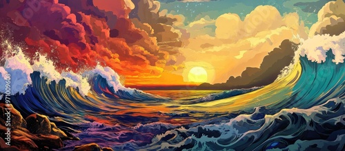 A vibrant and imaginative surreal seascape with rich colors and dynamic ocean elements