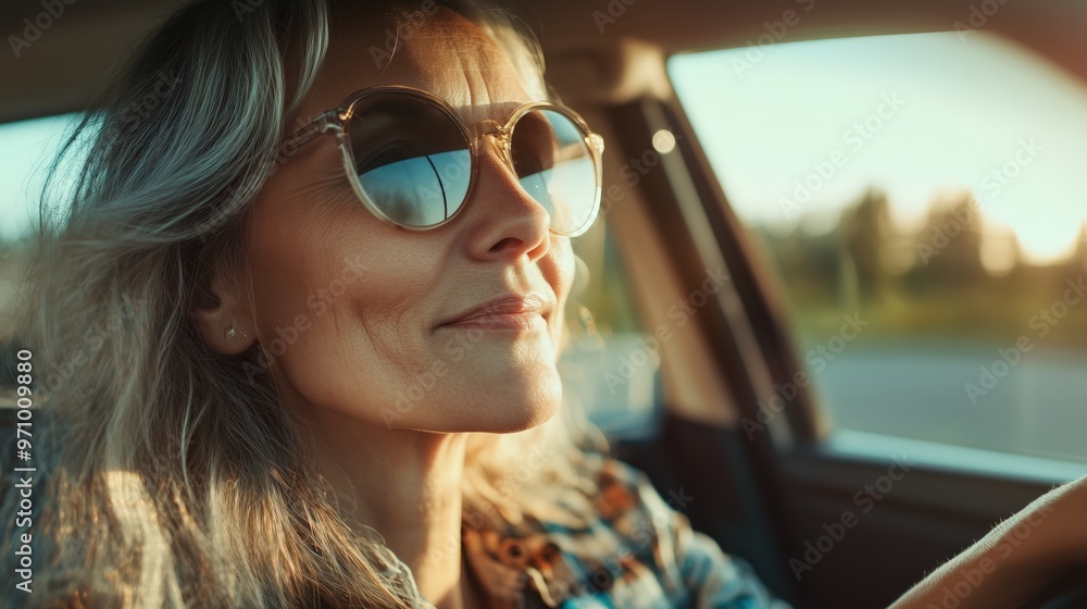 Joyful senior woman enjoying a sunny drive in a car - embracing the spring vibes Joyful senior woman enjoying a sunny drive in a car - embracing the spring vibes
