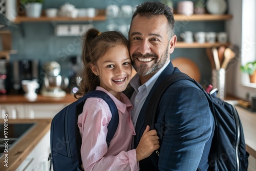 portrait of happy father in suit holding daughter in school uniform with backpack on hands in kitchen, back to school concept