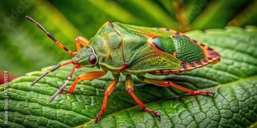 A vibrant green shieldbug with distinctive shield-shaped thorax and red-orange markings perches on a leaf, showcasing its unique camouflage in a lush green environment. photo