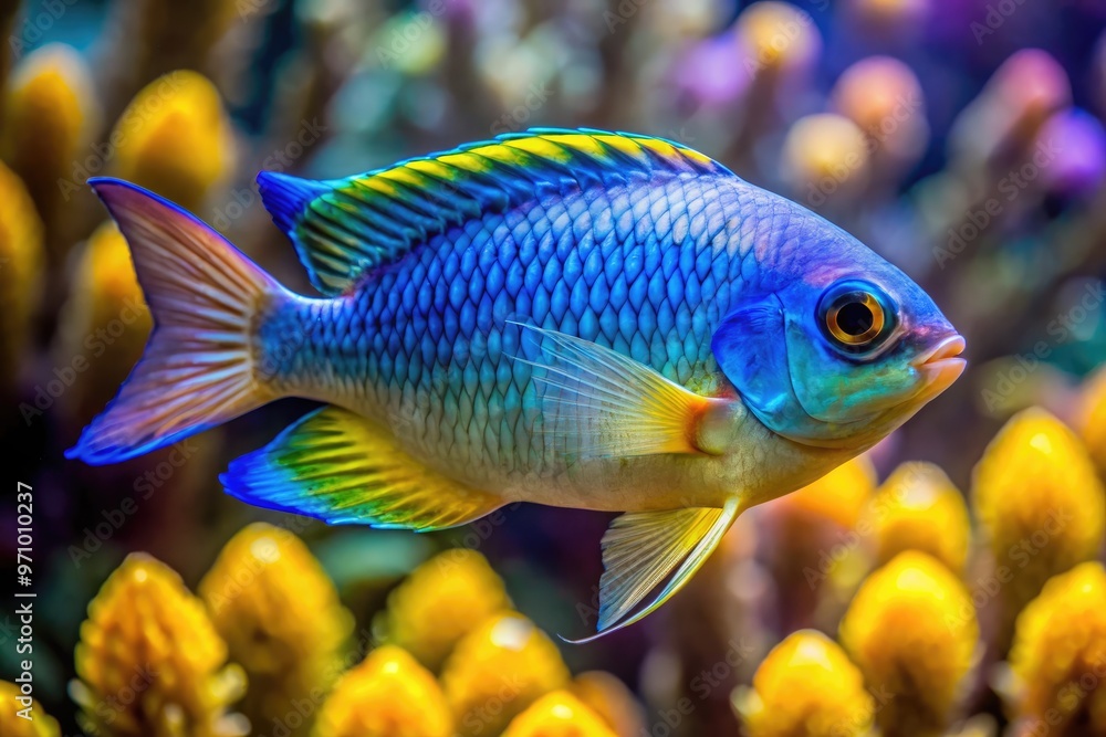 A vibrant, large-eyed damselfish with iridescent blue and yellow scales swims horizontally in a coral reef, showcasing its slender, elongated body and delicate fins. A vibrant, large-eyed damselfish with iridescent blue and yellow scales swims horizontally in a coral reef, showcasing its slender, elongated body and delicate fins.