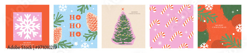 Merry Christmas and Happy new year set of greeting cards. Retro Xmas art design with fir cone, Christmas tree, caramel cane and snowflakes. Postcard, poster, flyer, mock up, cover in simple flat style