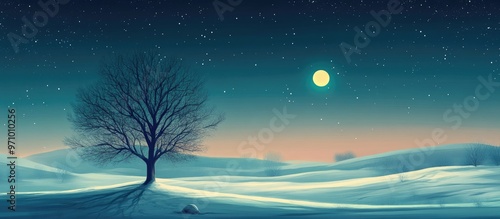 Winter night scenery featuring a lone tree in a serene landscape