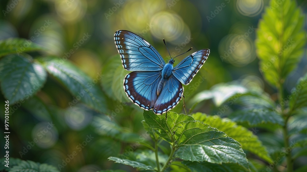 Vibrant blue butterfly resting on green leaves in a lush garden Vibrant blue butterfly resting on green leaves in a lush garden