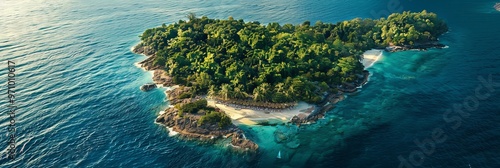 Aerial photograph of a beautiful tropical island surrounded by clear turquoise waters, featuring dense green forest and sandy beaches, perfect for an exotic getaway. photo