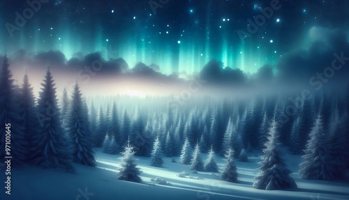 Winter landscape featuring a dense forest of snow covered pine trees under a night sky with stars