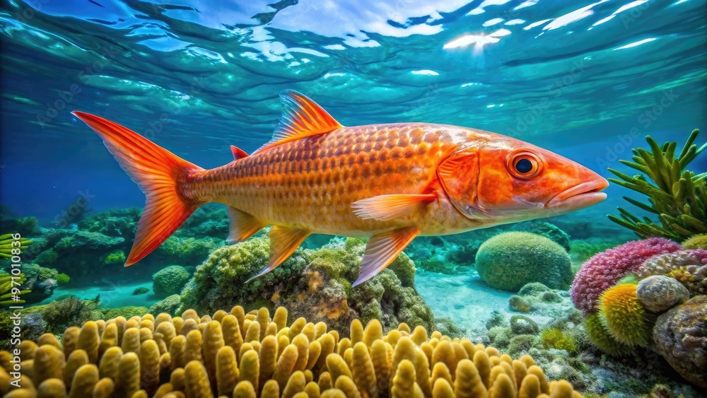 A vibrant orange mullet fish swims in clear turquoise water, its silver scales glistening in the sunlight, amidst coral and seaweed in a tropical ocean scene. A vibrant orange mullet fish swims in clear turquoise water, its silver scales glistening in the sunlight, amidst coral and seaweed in a tropical ocean scene.
