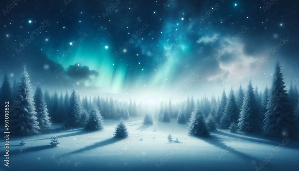 Winter landscape featuring a dense forest of snow covered pine trees under a night sky with stars Winter landscape featuring a dense forest of snow covered pine trees under a night sky with stars