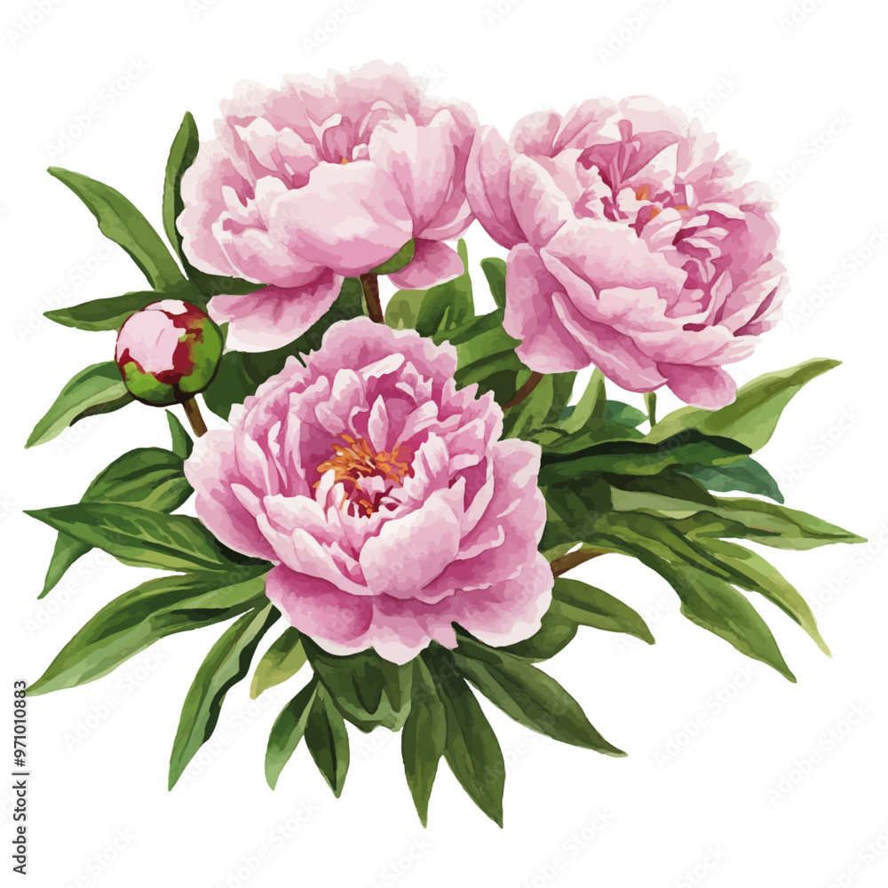 Obraz premium Watercolor illustration of a bush of pink peonies with multiple blooms and green leaves Isolated on transparent background