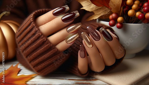 a hand with manicured nails in shades of brown and gold glitter, resting on a knitted sleeve, with autumn leaves and berries in the background.