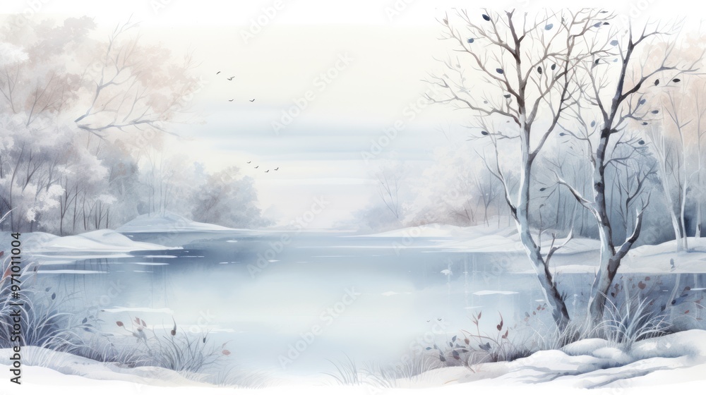 Serene Winter Landscape with Snow-Covered Trees and Tranquil Frozen Lake, River Serene Winter Landscape with Snow-Covered Trees and Tranquil Frozen Lake, River