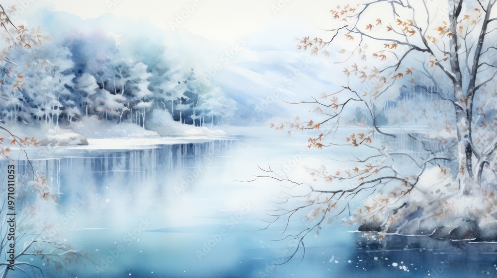 Serene Winter Landscape with Snow-Covered Trees and Tranquil Frozen Lake, River Serene Winter Landscape with Snow-Covered Trees and Tranquil Frozen Lake, River