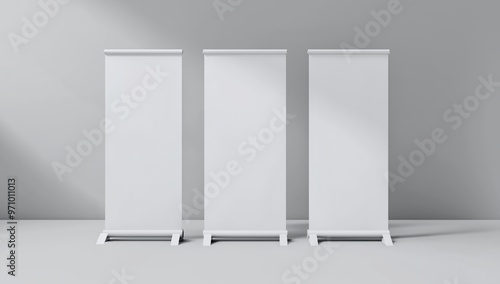 Minimalist white roll-up banner stand mockups for professional design and display