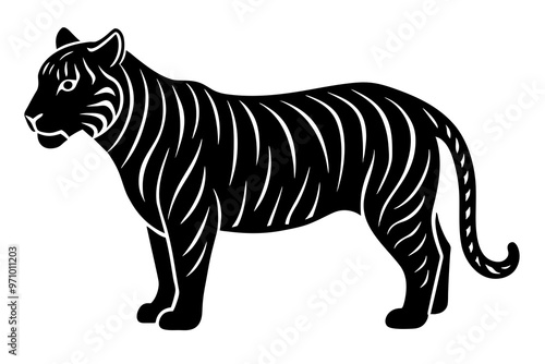 Hand drawn tiger in a minimal linocut style. 4k silhouette black color photo