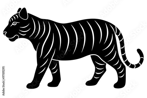 Hand drawn tiger in a minimal linocut style. 4k silhouette black color photo