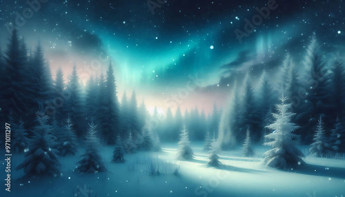 Winter landscape featuring a dense forest of snow covered pine trees under a night sky with stars