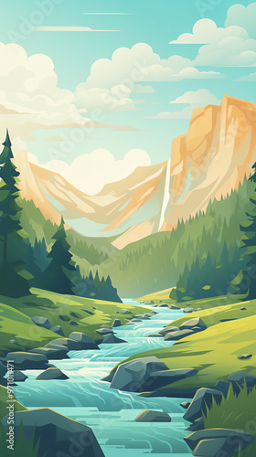 Illustration of a landscape of a river, with trees and mountains in the background.