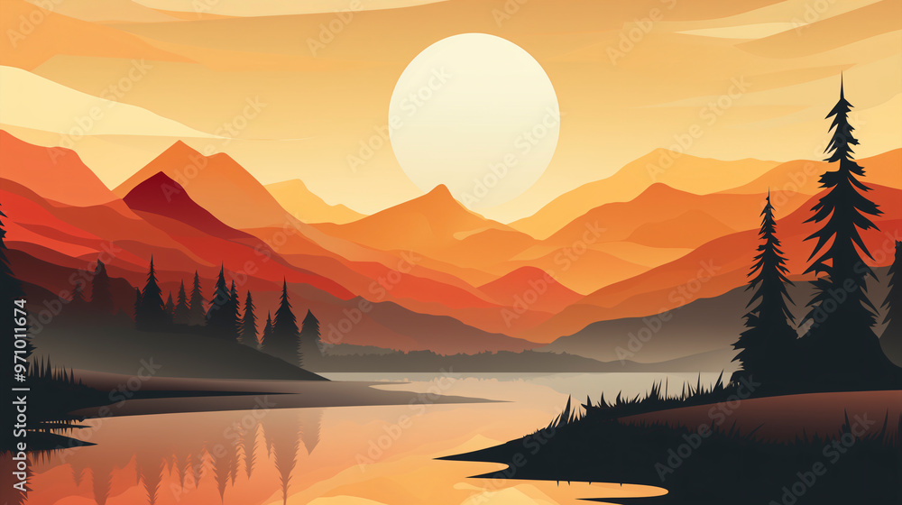Illustration of a sunset landscape, with trees, mountains in the background and a river Illustration of a sunset landscape, with trees, mountains in the background and a river