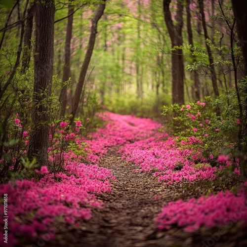 Vibrant Azalea Blossoms in Spring Creating a Pink Corridor in the Woods photo