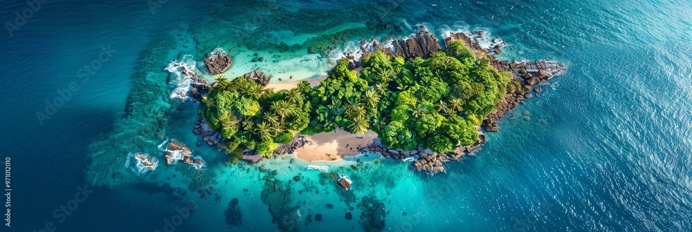 This image shows a compact tropical island encircled by clear blue waters, adorned with lush greenery and sandy beaches, creating a serene and picturesque escape. This image shows a compact tropical island encircled by clear blue waters, adorned with lush greenery and sandy beaches, creating a serene and picturesque escape.