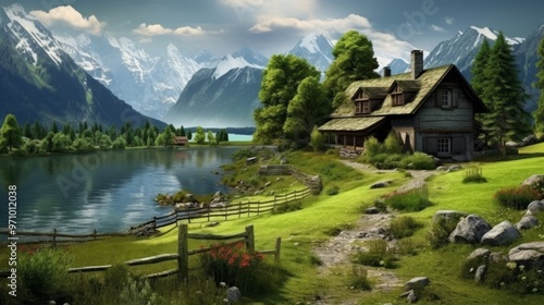 Beautiful landscape with lake and green meadows and hills with house. Neural network ai generated art