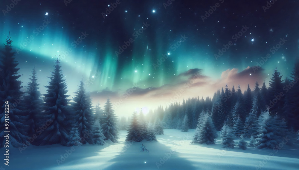 Fototapeta premium Winter landscape featuring a dense forest of snow covered pine trees under a night sky with stars