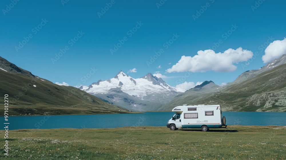 Need for spring: camper van by scenic mountain lake for outdoor adventure