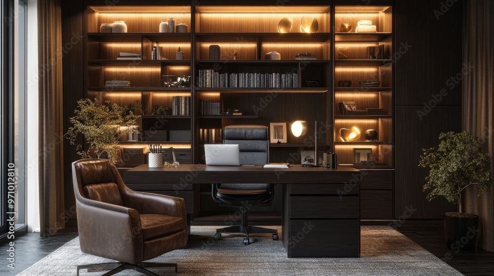 Contemporary home office with a dark wood desk, comfortable chair, and organized shelves Contemporary home office with a dark wood desk, comfortable chair, and organized shelves