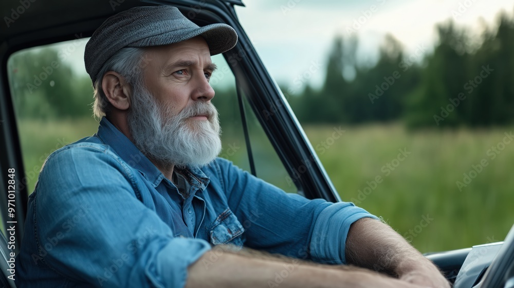 Fototapeta premium Pensive senior man driving through scenic countryside in summer