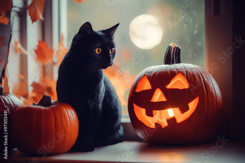 Black cat sitting by jack-o'-lantern in window