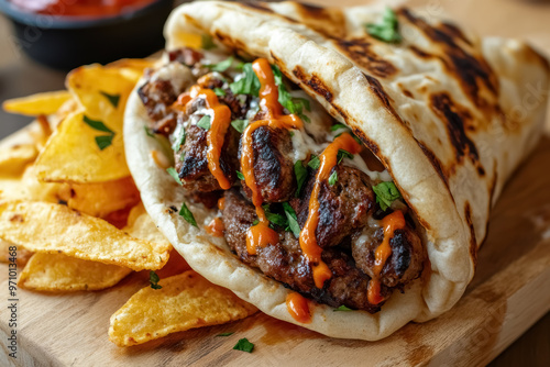 juicy grilled beef kebab wrap with crispy fries on wooden board