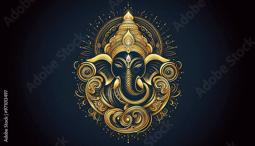  golden illustration style Indian Hindu religion god Ganesh or Ganesha idol for offering prayers during hindu festival Ganesh chathurthi,wedding,hindu ceremony,opening ceremony,black background