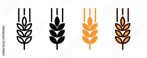 Vector Outline and Solid Farm Wheat Ears Icon Set. Whole Grain Symbol Illustration for Organic Eco Business, Farming, Beer, Bakery. Gluten Free Logo.	