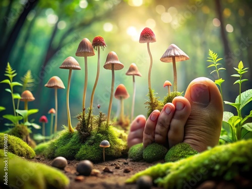 A whimsical illustration of tiny mushrooms sprouting from toes, amidstgreenery, depicting a fantastical and surreal scenario where fungi flourish on human extremities. photo