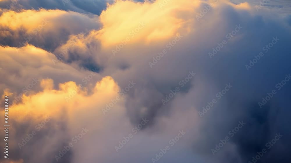 Camera Movement Over Dense Fluffy Clouds with Sunlight Penetrating Through Them