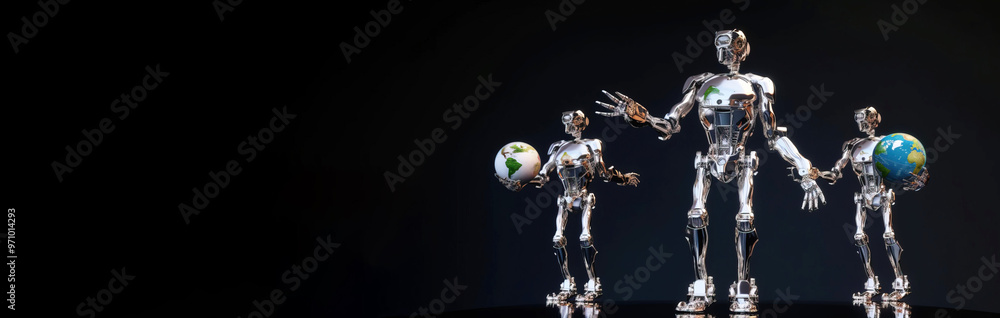 Android robot, futuristic technology, cyborg artificial intelligence concept. Dark background, isolate. AI generated. Android robot, futuristic technology, cyborg artificial intelligence concept. Dark background, isolate. AI generated.