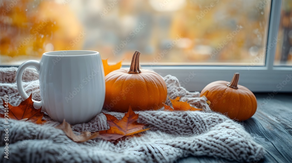A cozy autumn still life with a white ceramic mug, pumpkins, and colorful fall leaves on a wooden table, illuminated by warm sunlight to create a rustic atmosphere. A cozy autumn still life with a white ceramic mug, pumpkins, and colorful fall leaves on a wooden table, illuminated by warm sunlight to create a rustic atmosphere.