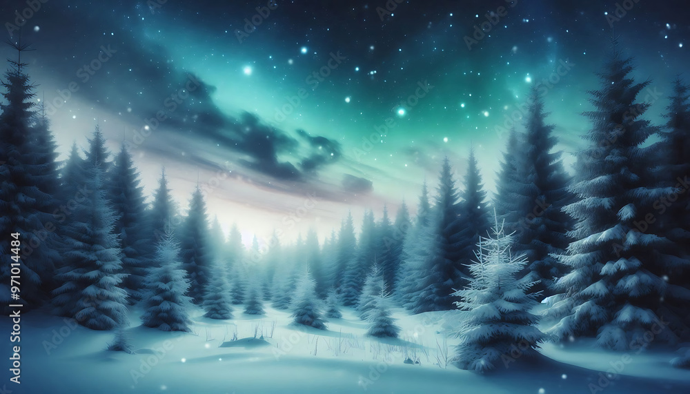Winter landscape featuring a dense forest of snow covered pine trees under a night sky with stars Winter landscape featuring a dense forest of snow covered pine trees under a night sky with stars