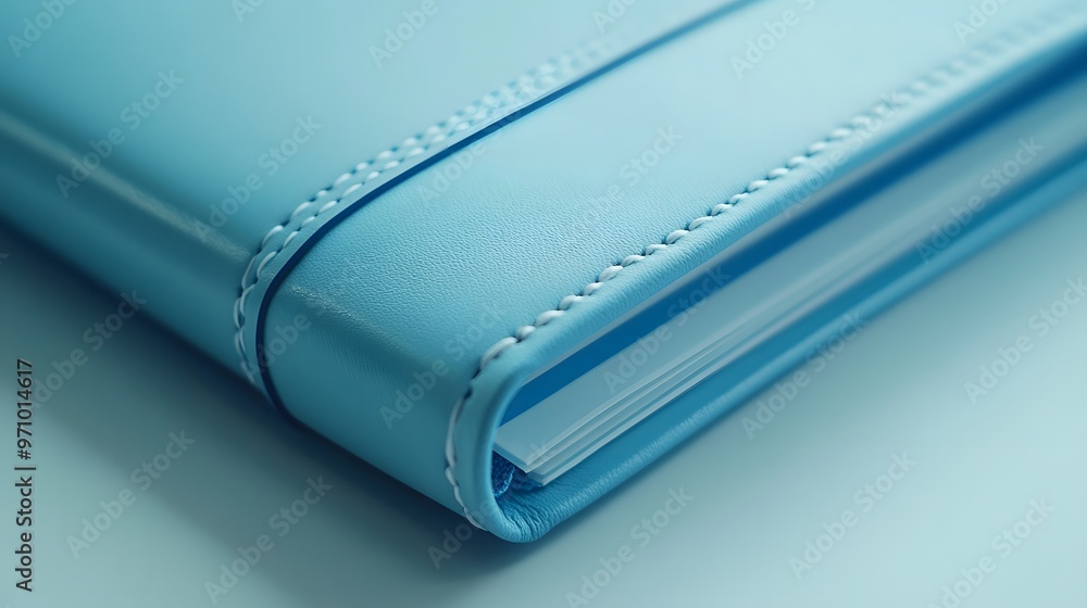 A blue leather notebook with a pastel cover and stitched edges, isolated in soft lighting, showcasing its minimalist design and high-quality material for office accessories. A blue leather notebook with a pastel cover and stitched edges, isolated in soft lighting, showcasing its minimalist design and high-quality material for office accessories.