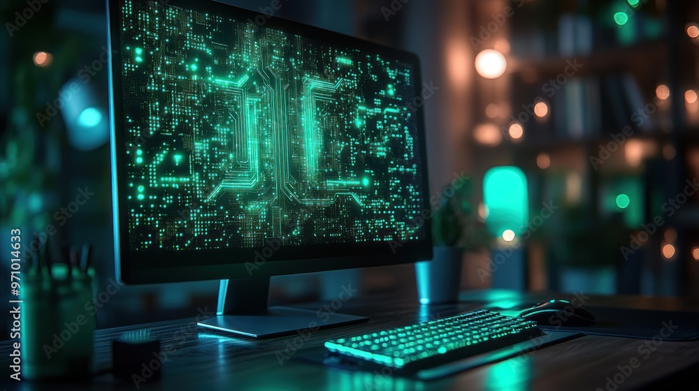 Computer Screen with Green Circuit Board Display Computer Screen with Green Circuit Board Display
