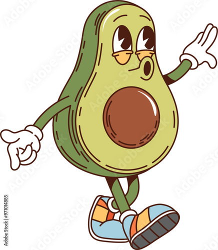 Retro groovy avocado for breakfast funky character with funny face, cartoon vector. Groovy retro comic avocado character whistling happy melody and walking for kids breakfast comic food emoji