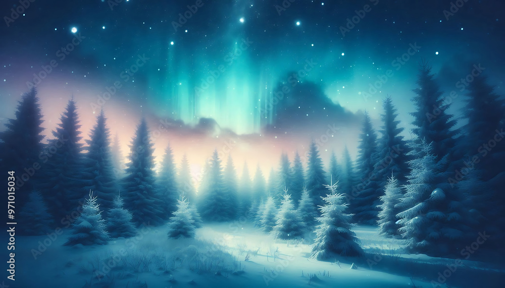 Winter landscape featuring a dense forest of snow covered pine trees under a night sky with stars Winter landscape featuring a dense forest of snow covered pine trees under a night sky with stars