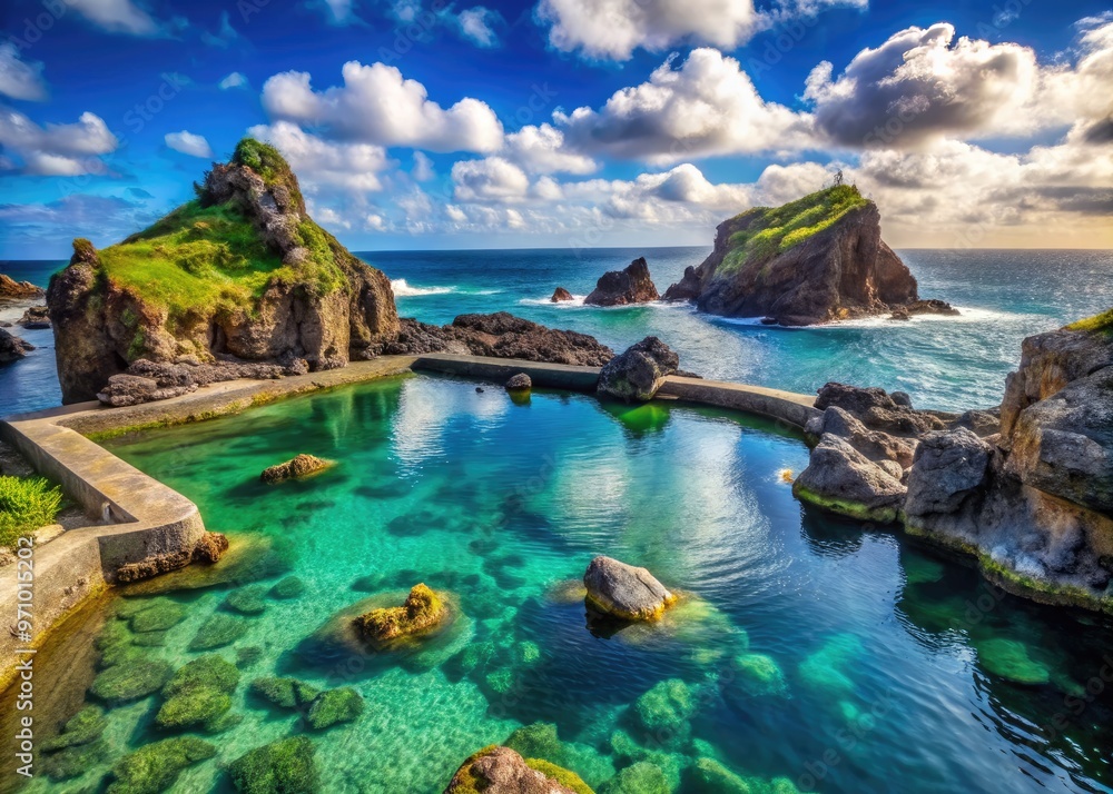Azure ocean waters gently lap against volcanic rock formations, creating natural swimming pools amidst lush greenery in a serene coastal landscape of Porto Moniz. Azure ocean waters gently lap against volcanic rock formations, creating natural swimming pools amidst lush greenery in a serene coastal landscape of Porto Moniz.