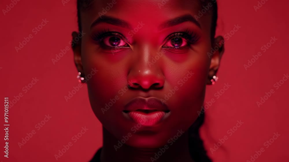 Bold portrait of woman with red lighting and intense gaze Bold portrait of woman with red lighting and intense gaze