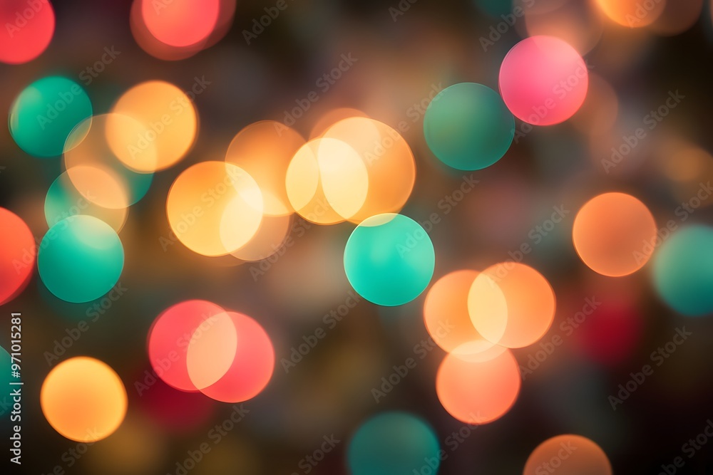 Fototapeta premium Colorful bokeh sparkles glowing against a soft focus backdrop of Christmas lights, AI Generated