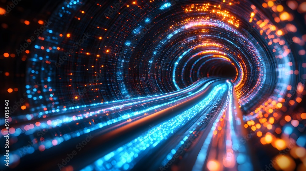 A futuristic digital tunnel with neon light trails and data streams, emphasizing a high-tech cyberspace visualization with dynamic motion blur and glowing effects. A futuristic digital tunnel with neon light trails and data streams, emphasizing a high-tech cyberspace visualization with dynamic motion blur and glowing effects.