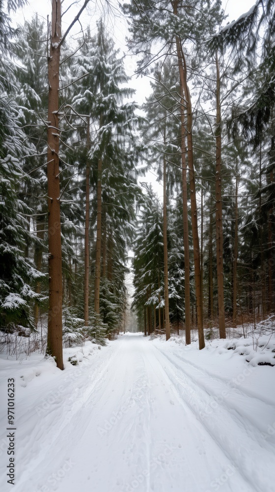 Fototapeta premium Serene winter forest road: snow-covered path through tranquil woods for nature and travel design