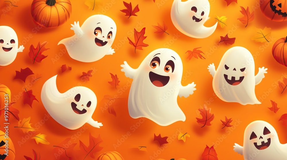 Playful cartoon ghosts with expressive faces Playful cartoon ghosts with expressive faces