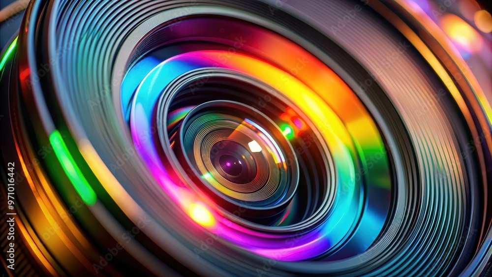 A close-up shot of a camera lens with colorful reflections, photography, camera, lens, close-up, reflection, equipment A close-up shot of a camera lens with colorful reflections, photography, camera, lens, close-up, reflection, equipment